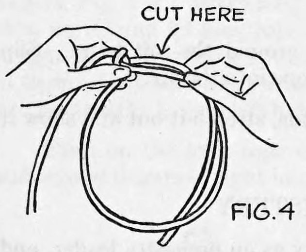 Fig. 4. — Both hands hold the two A sections of rope, brought up in front, forming a loop below, with an arrow marked Cut Here pointing at the top.