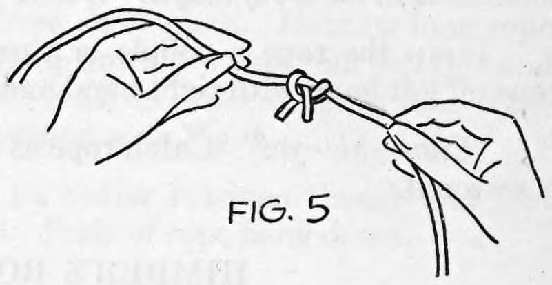 Fig. 5. — The hands hold the rope taut between them, showing the knot near the right hand after the cut.