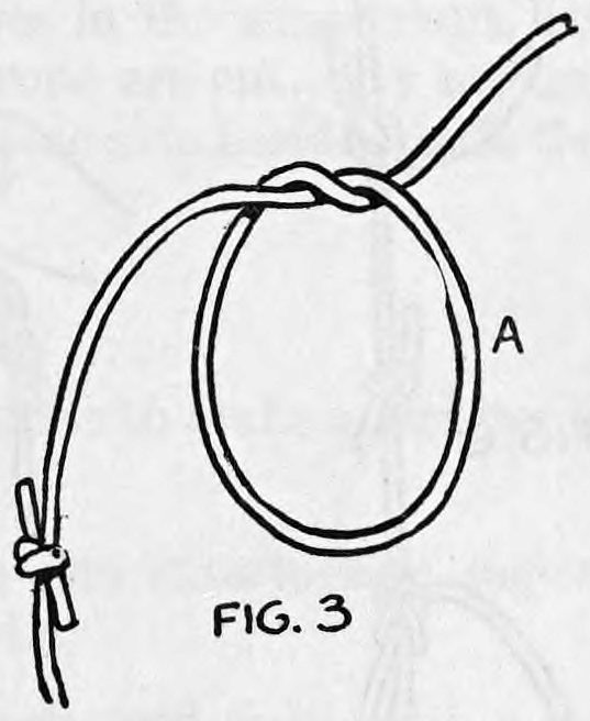 Fig. 3. — A single knot is tied at the top of a loop of rope, the side of the loop marked A and the end running off to the upper right.