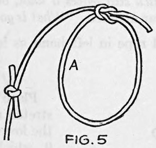 Fig. 5. — The finished square knot sits at the top of the loop, side A marked, with the rope and small knot hanging at the left.