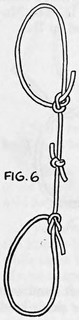 Fig. 6. — A double looped rope: a loop at the top and another at the bottom, each closed with a square knot, joined by a straight length of rope with a knot between.