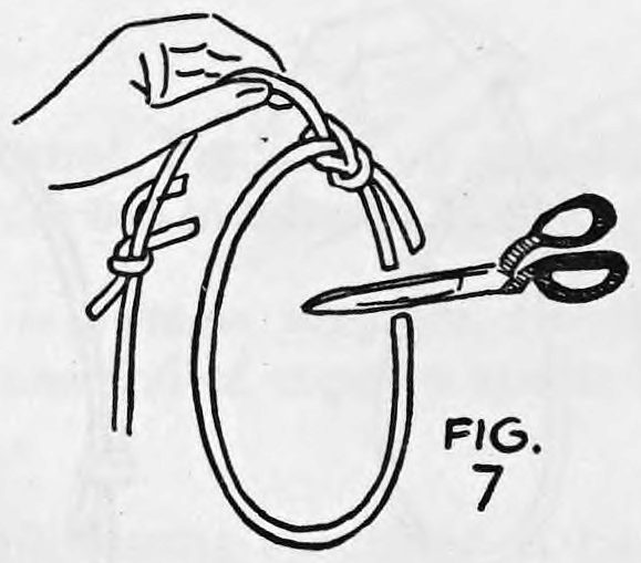 Fig. 7. — The left hand holds a looped rope while the right hand cuts the loop with scissors on the same side as the end, leaving a knot.