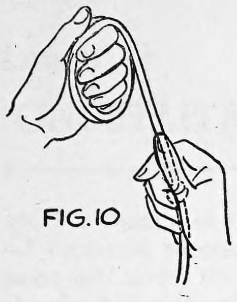 Fig. 10. — The rope is wrapped around the fingers of the left hand while the right hand slides along the rope and slips the knots off.