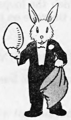 A small black and white rabbit in evening dress, standing upright, holds an egg in one raised paw and a sack in the other.