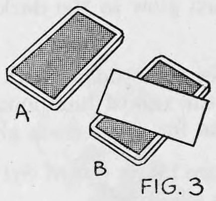 Fig. 3. — A blank piece of paper or calling card lies across the corner of packet B, with packet A beside it.