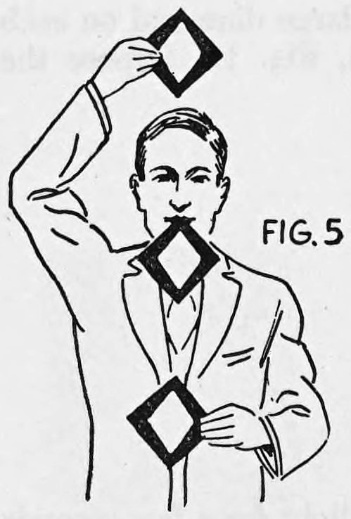 Fig. 5. — A seated man in the dark holds one diamond cardboard overhead, one between his teeth and one lower in his hand, forming the Three of Diamonds.