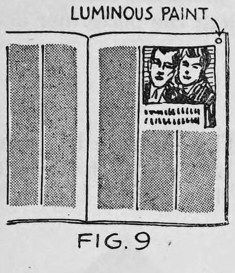 Fig. 9. — An open magazine seen from above, with a picture on the right-hand page and a small spot of luminous paint marked near its upper right corner.