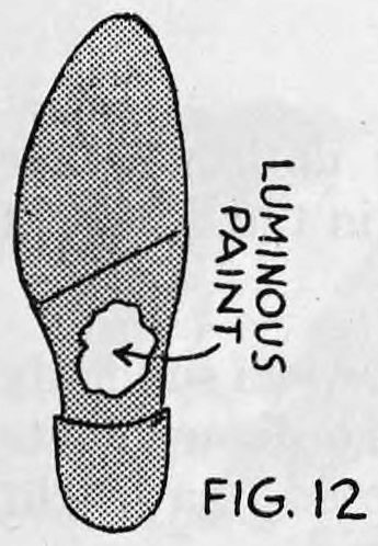 Fig. 12. — The sole of a shoe seen from below, with an arrow from the words luminous paint pointing to a spot under the instep near the heel.