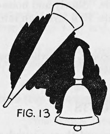 Fig. 13. — A cardboard cut-out horn and hand bell, the horn slanting up across the bell, set against a black patch.