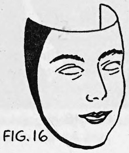 Fig. 16. — A face mask in outline with closed eyes, eyebrows, nose and mouth drawn on, a dark band painted along its left edge and top.