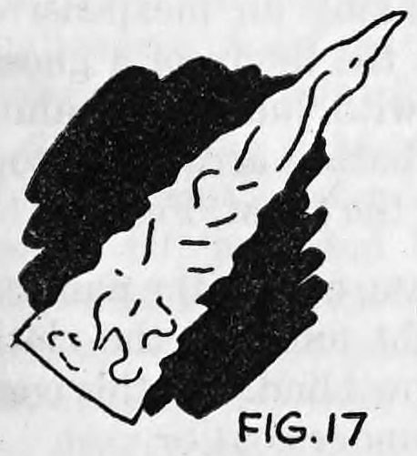 Fig. 17. — A pennant-shaped piece of lace curtain with a rough, straggly edge, shown against a black patch, coated with luminous paint.