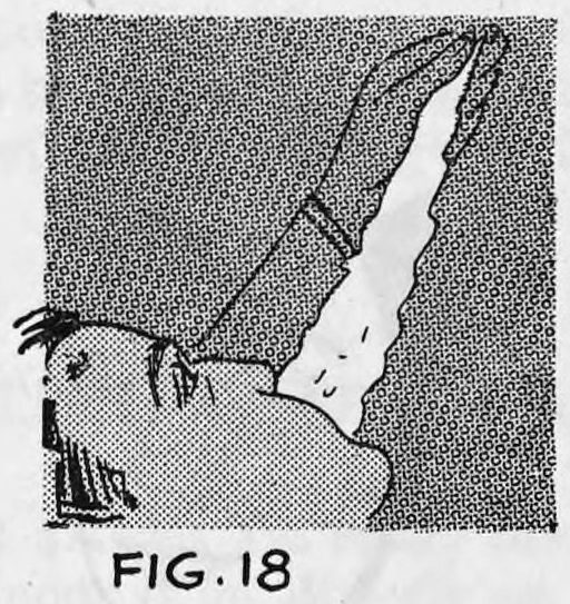 Fig. 18. — A performer's head turned to the left, with a long strip of luminous lace drawn from behind his collar and held up in his raised hand near his mouth.