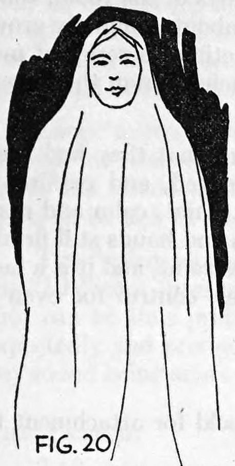 Fig. 20. — A tall ghost on a wire frame with a luminous mask for a face and long strips of cheesecloth hanging from the shoulders as a robe, against a black patch.