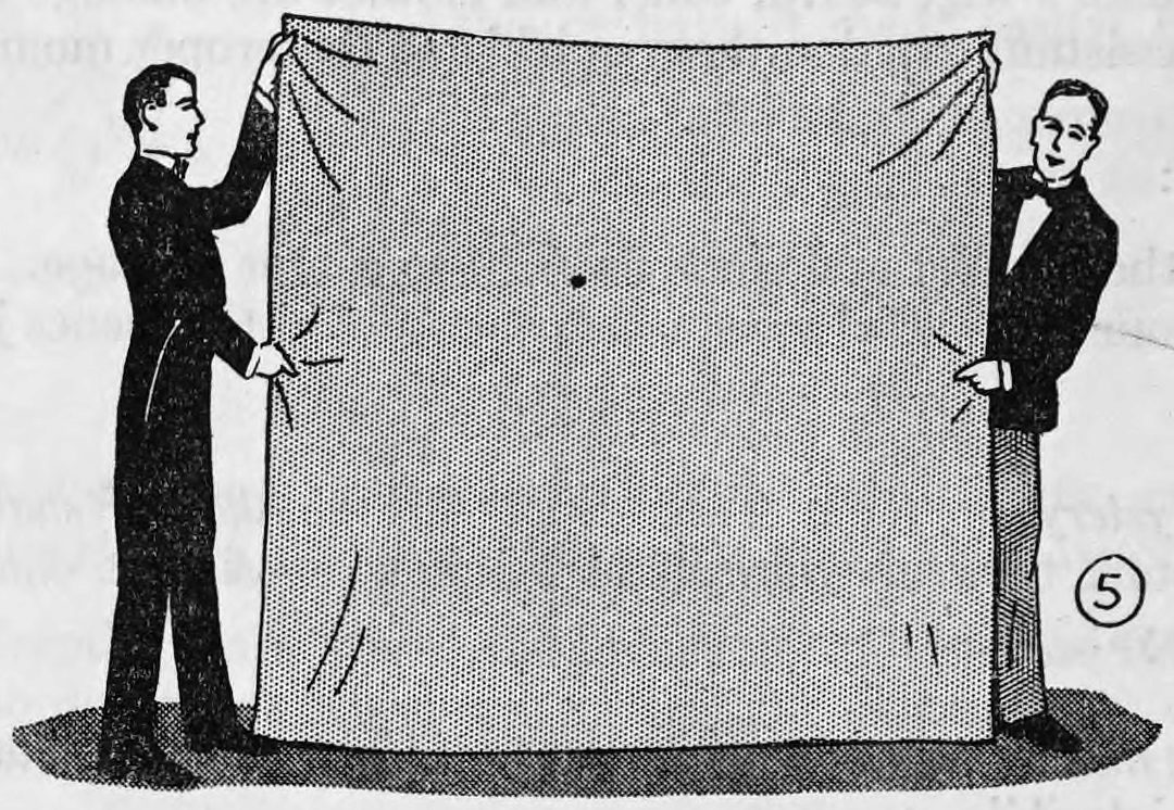 Fig. 5. — Performer and assistant stand at either side, each holding up a top corner of the large blanket, which hangs between them as a screen.