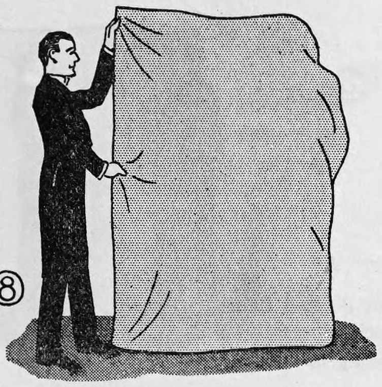 Fig. 8. — The performer, seen from the audience, holds up a top corner and side of the blanket while the assistant is hidden wrapping himself behind it.