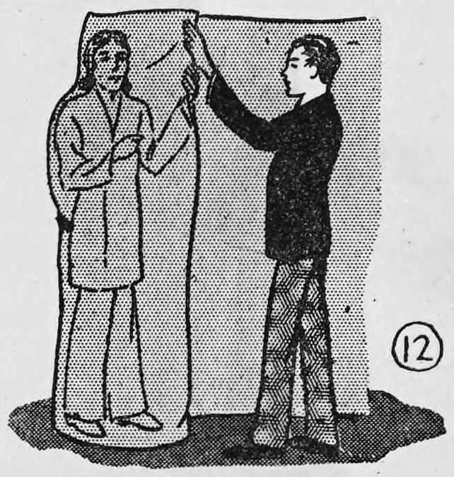 Fig. 12. — The girl, now wrapped in the blanket in the assistant's place, stands at the left while the assistant steps aside at the right, raising a hand to the corner.