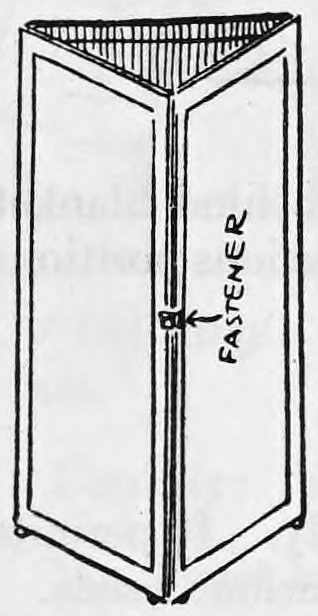 Fig. 22. — The three-sided screen standing as a triangle, seen from the front, with a fastener marked at the joint between the middle section and one side, and small casters at the foot.