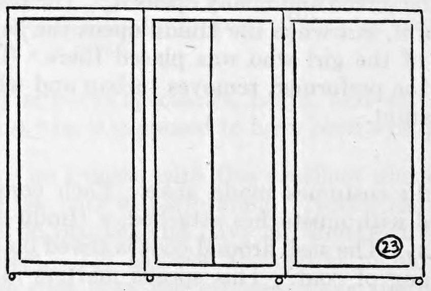 Fig. 23. — Front view of the screen opened flat: three framed panels on small casters, the middle panel made of two doors that look like a solid panel when closed.