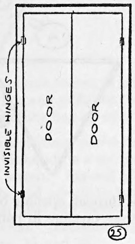 Fig. 25. — Inside view of the screen's middle panel, a tall frame with two doors side by side, hinged at the left edge with the invisible hinges marked.