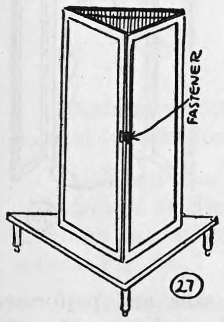 Fig. 27. — The three-sided screen standing as a triangle on a raised platform with legs, with a fastener marked at the joint of the middle section and one side.