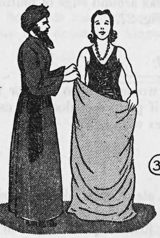 Fig. 31. — The performer in turban, beard and long Hindu coat holds open a large cloth sack while the girl assistant, in a sleeveless dress and beads, steps into it.