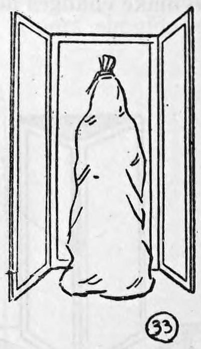 Fig. 33. — The open three-sided screen showing the tied sack with the girl standing inside it at the centre.