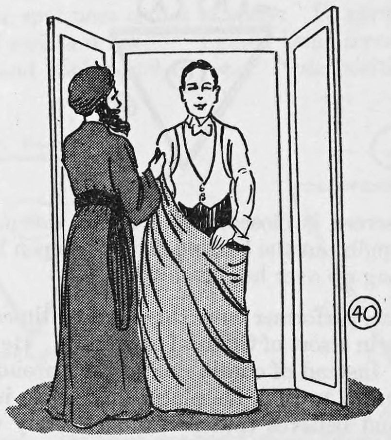 Fig. 40. — Inside the open screen the bearded performer in turban and long coat pulls the cloth bag down, and a man in dress shirt and bow tie steps out of it.