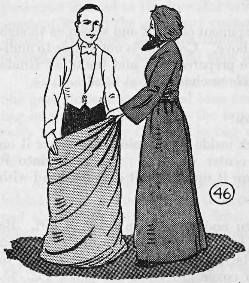 Fig. 46. — The girl in Hindu turban, beard and long coat holds open the sack while the performer, in dress shirt, waistcoat and bow tie, stands inside it.