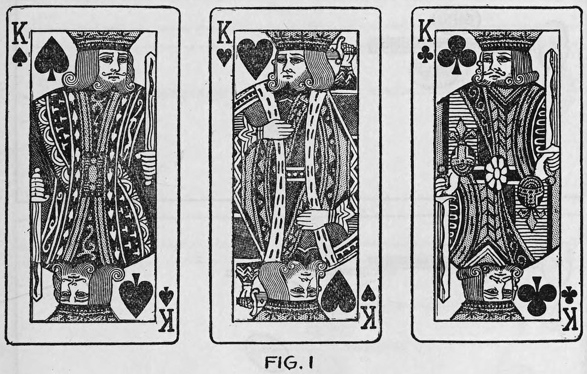 Fig. 1. — Three large playing cards side by side, the King of Spades, the King of Hearts and the King of Clubs, each a full-length crowned king with his suit symbols.