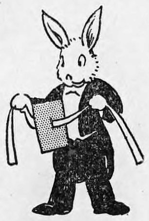 A small tailpiece drawing of a rabbit in evening dress, standing upright and holding a card and a ribbon.