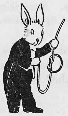 A tailpiece drawing of a rabbit in evening dress standing upright, holding a looped rope in one hand.