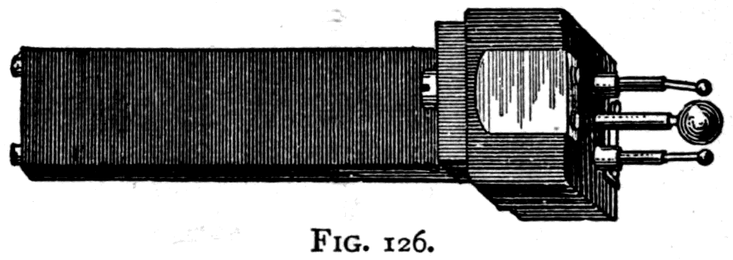 Professor Bose's oscillator — a small ball of platinum between two smaller balls, with a cylindrical ebonite lens in front of it to send the emitted waves out parallel.