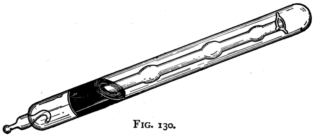 The "mercurial phosphorus" — a little glass tube holding a few drops of quicksilver over a partial vacuum. Shake it and the friction of the mercury on the glass sets the residual air flashing with a greenish light.