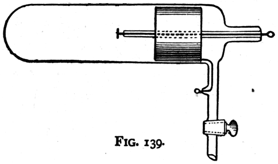 Röntgen's tube — the same cylindrical form as Lenard's, but with the end opposite the cathode left as plain glass, with no brass cap and no aluminium window.