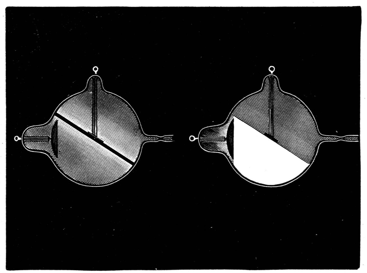 Left, Fig. 141 — the first appearance of the rays, coming from the front and the back of the platinum target at once, with the oblique line of the target's plane between two glowing regions. Right, Fig. 142 — further exhaustion: the light behind has died away and the rays stream out in front, right up to the plane of the anti-cathode.