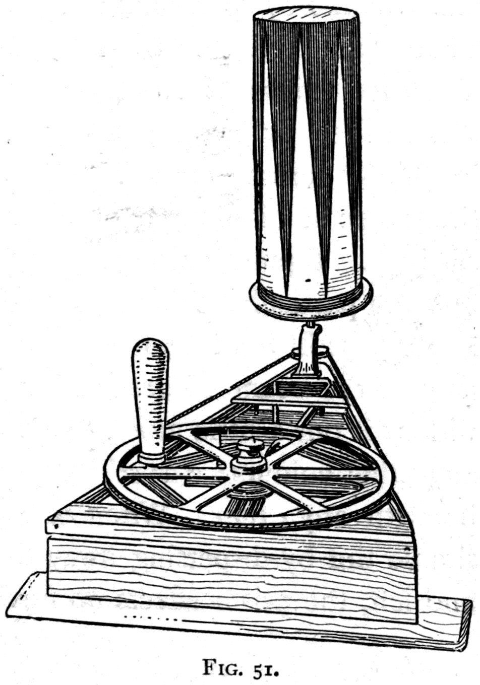 The tapered wooden cylinder on the whirling table, with a paper sleeve slipped over it. The two colours are laid on in interlocking triangles, so that a single spin shows every proportion of the mixture at once, full red at one end and full green at the other.