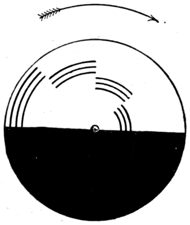 Benham's colour top — narrow black arcs of different lengths ruled across a disk half of which is black. Spun at the right speed, the black arcs come out coloured, and the colours reverse when the spin does.