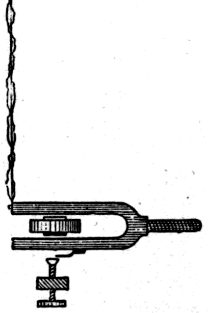 The silk cord driven by a tuning fork, with polariser P and analyser A both set vertically. The stationary waves pass through both.