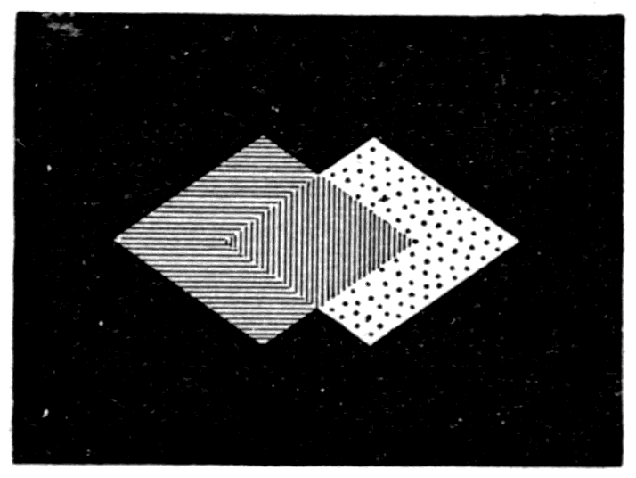 The two prepared micas being slid one over the other. Where the blue of the second order overlaps the yellow of the second order, the thicknesses add and the patch comes out rose red.