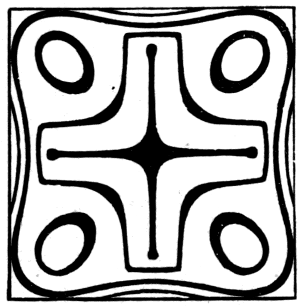 Strained glass in the polariscope. The square that was chilled too quickly shows a dark cross radiating from its centre, with the tints in the corners running up into the second order.