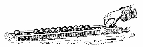 A row of glass solitaire balls lying in a groove, each touching its neighbour. Strike the ball at one end and the motion runs down the row from ball to ball; only the last one flies away.