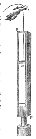Hopkins's little tambourine m, lowered on a string down the glass-fronted organ pipe P P′. It buzzes near the top and near the bottom, and falls silent at the middle, where the air is at rest.