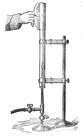 A short tube over a small flame, with the paper slider s round it. Raise the slider while the flame is singing and the pitch falls at once; lower it and the pitch rises — the tube, not the flame, is in command.