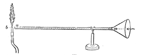 The sound aimed at the root of the flame. A glass funnel R gathers the sound of a small high-pitched reed and sends it down the three-foot tube, whose open end T stands just at the base of the sensitive flame b — and the flame is violently disturbed.