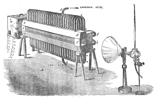 The acoustic-cloud tunnel. Carbonic acid is fed to the upper row of cells and coal gas to the lower, so that twenty-five falling curtains of the heavy gas alternate with twenty-five rising ones of the light; the padded box at the far left holds the bell, and the sensitive flame with its collecting funnel stands at the right.