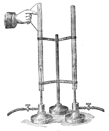 Three singing flames on their burners, each under its tube, the middle tube fitted with a telescopic slider. Raise the slider to lengthen the tube and the beats between two of the flames slow, vanish into unison, and then start up again.