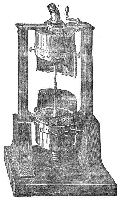 Helmholtz's double siren as he fitted it up — the two wind-chests on one axis, each surrounded by a circular brass resonance box made in two halves, with one half of each removed here so that the perforated disk inside can be seen. The handle at the top turns the upper wind-chest.