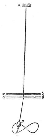 The pendulum arranged to swing at two rates at once. Its wire hangs from A between the pair of horizontal glass rods a b and a′ b′; along the rods the whole 28 feet swings, across them only the lower 7 feet, so the bob traces a figure of eight.