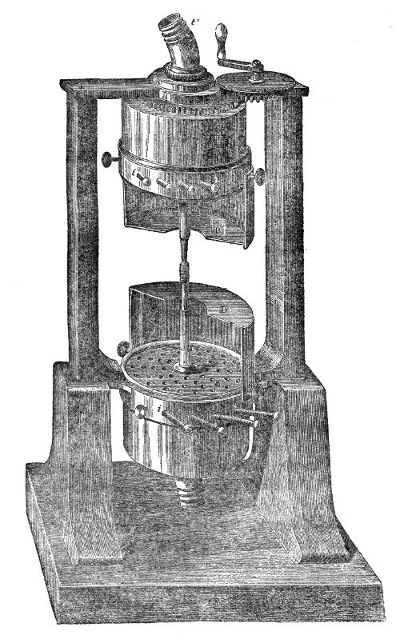 Helmholtz's double siren — two of Dove's sirens on one frame and one axis, the upper one, C′, turned upside down above the lower one, C, with the handle on top that sets the upper wind-chest turning as well as its disk.