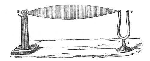 Melde's arrangement. A silk string runs from a screw in the prong of the large tuning fork T to the peg P on its stand; sound the fork with the tension right and the string opens out into a single shining spindle six feet long.